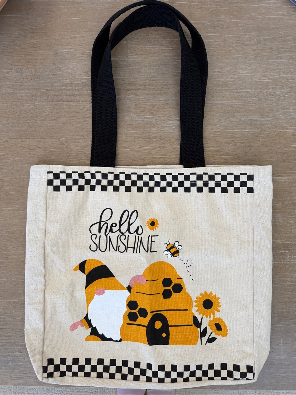 5/$20 Hello Sunshine Bee & Gnome Canvas Tote Bag with black webbing straps NWOT